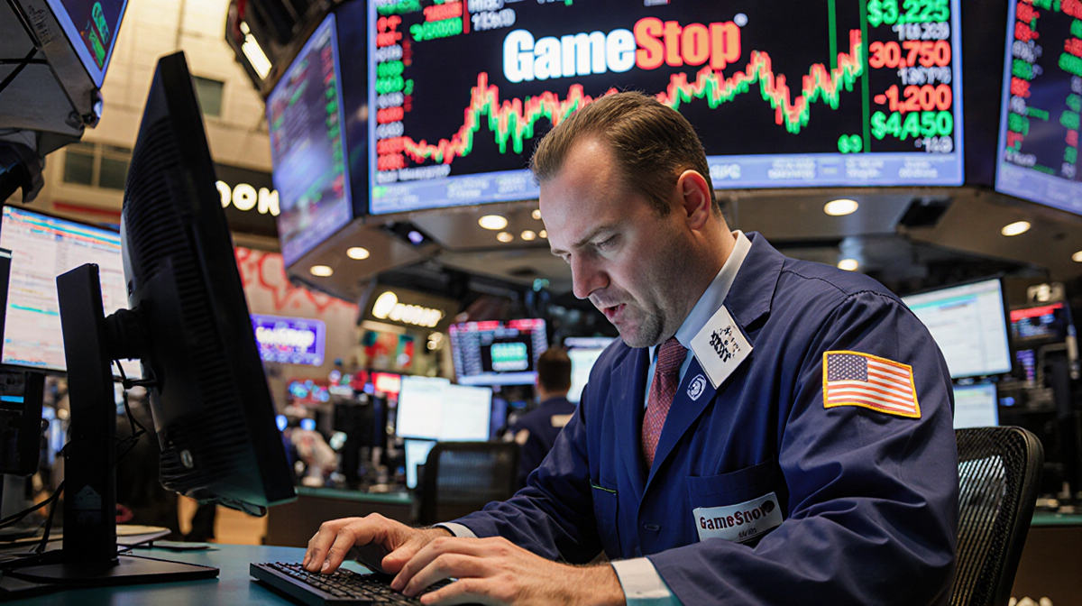 Trader frantically typing on computer with chaotic market screens showing below.