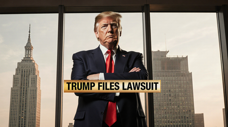 US President Donald Trump standing confidently in front of a glass window with the faint image of the US Capitol Building sho